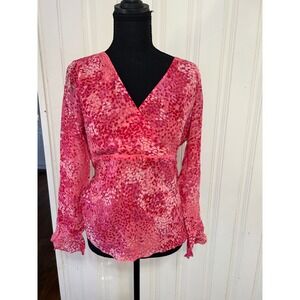 Ann Taylor M Pink Floral 100% Silk Long Sleeve Sheer Bell Sleeve  Y2K Coquette